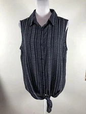 Adrianna Papell Sleeveless Button Down Polka Dot Navy Shirt Sz Medium