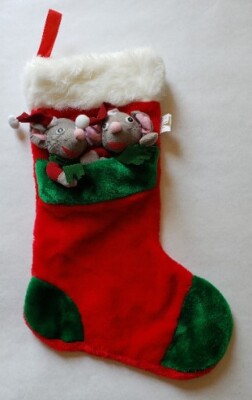 Two Mice Wearing Santa Hats in Christmas Stocking Plush Red Multi-Color