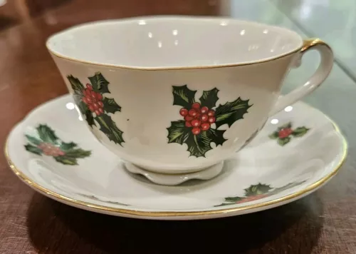 Lefton Hand Painted Porcelain Holly Berry Teacup & Saucer Holiday Christmas