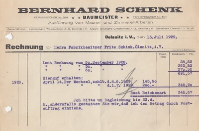 OELSNITZ, Rechnung 1929, Bernhard Schenk Baumeister Maurer-Zimmerer-Arbeiten