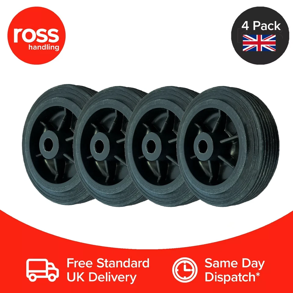 ROSS HANDLING 4x Solid Rubber Wheel Black Plastic Centre Durable 80mm Dia. 8mm Bore UK Seller