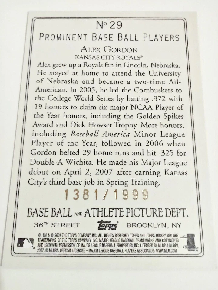 2007 Topps Turkey Red Chrome #29 Alex Gordon Kansas City Royals 1381/1999 - Image 4 of 4