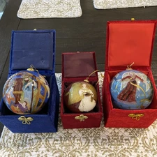 3 Pier One 'Li Bien' Reverse Painted  Glass Ornaments in Boxes 1999, 2001, 2012
