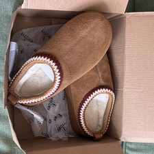 FITORRY Women's Brown Suede Slip-On Slippers Faux Fur Lined Embroidered