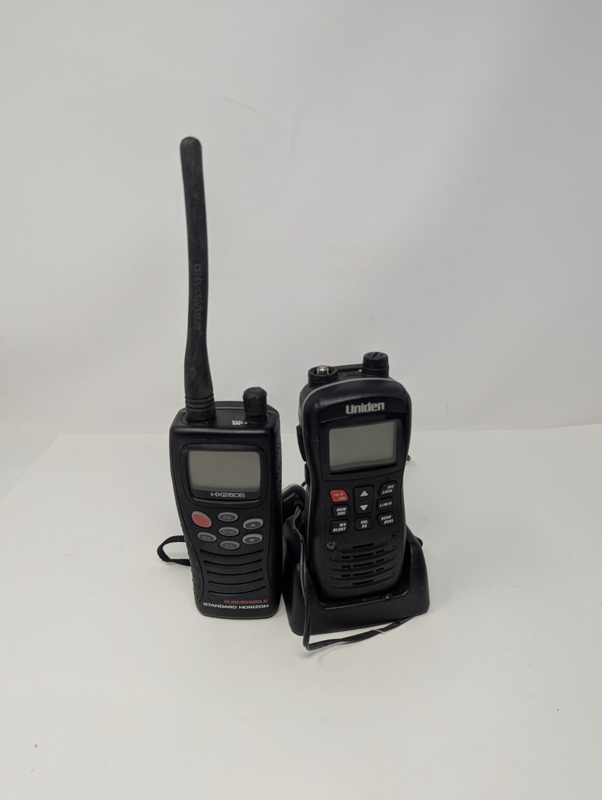 VHF Marine Handheld Lot of 2, Standard Horizon HX260S, Uniden, For parts