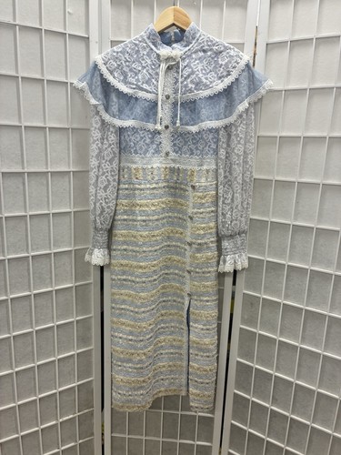Self-Portrait lace bodice bouclé tweed midi dress: crystal button faux two piece