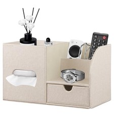 Tissue Box Cover with Storage Tray and Drawer, PU Leather Square Tissue Beige