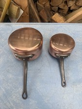 Set Of Vintage French Copper Tin Lined Saucepan Pans