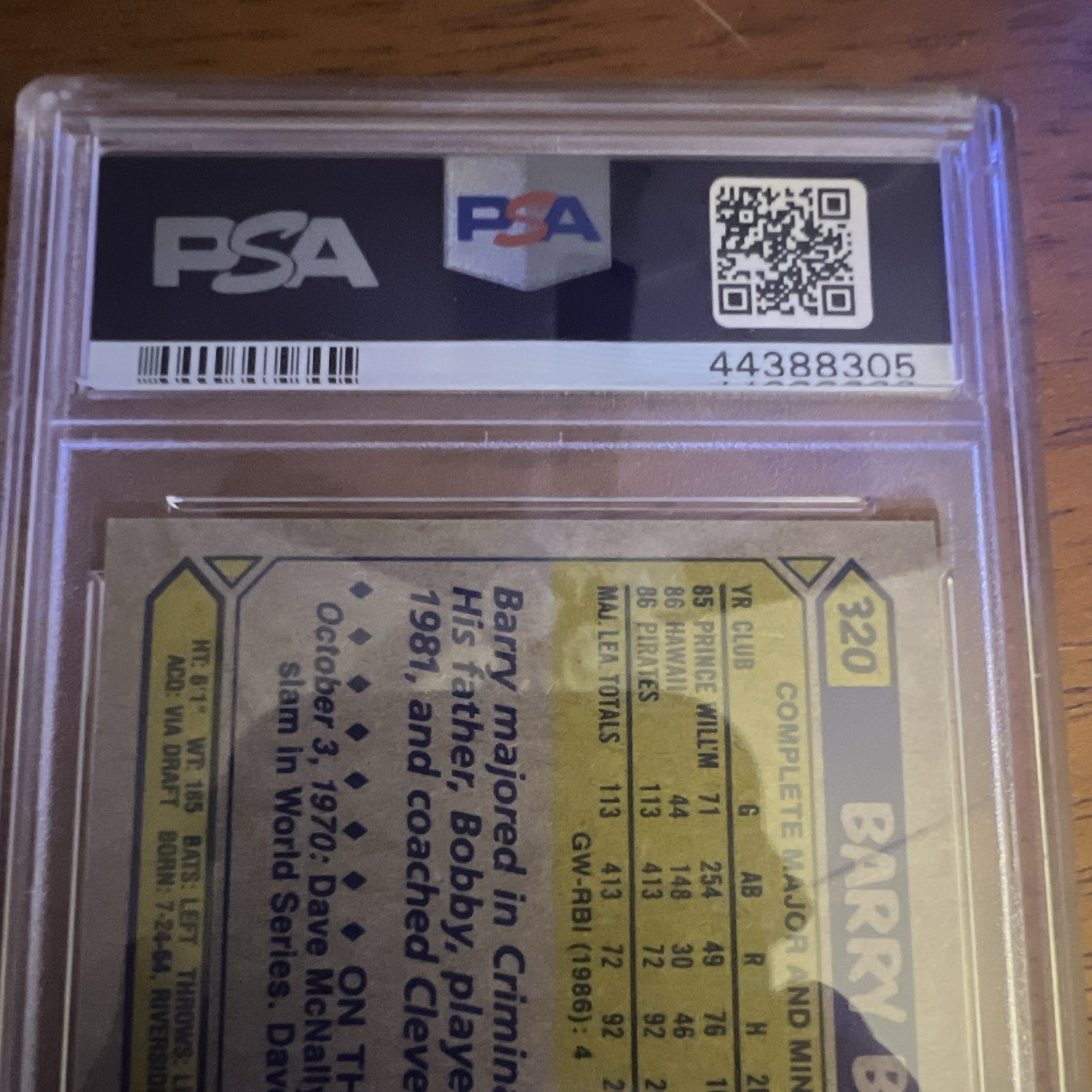 Topps 1987 Barry Bonds Rookie RC #320 Pirates MLB PSA 9 Graded view 5
