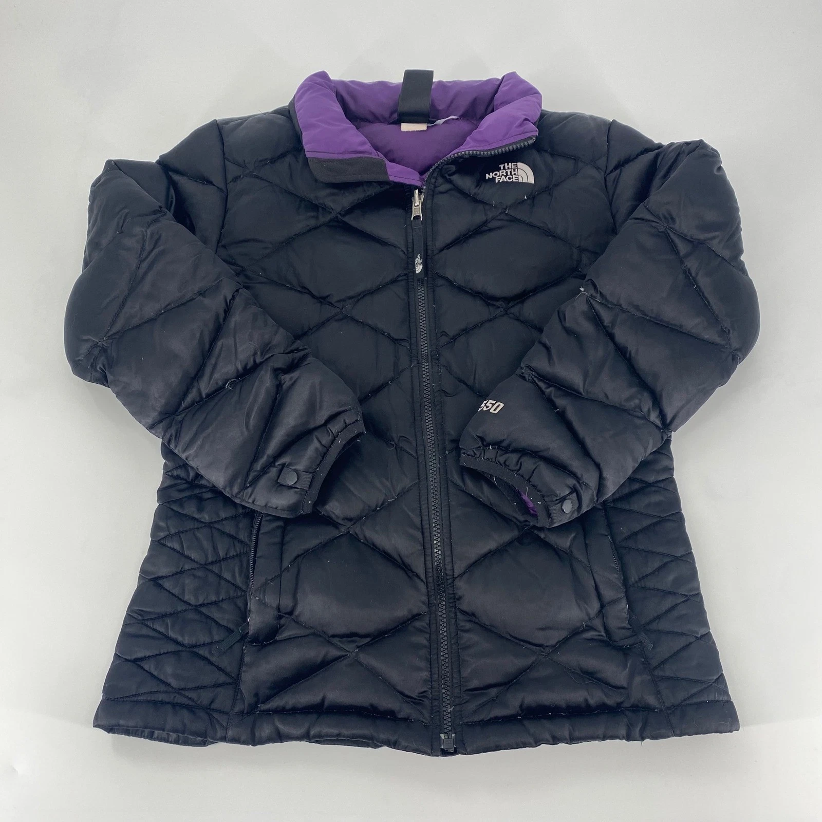 The North Face 550 Fill Down Puffer Jacket Girls Black Purple Hooded Winter