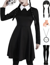 Wednesday Addams 6 Piece Adult Women Black Dress for Halloween Costumes