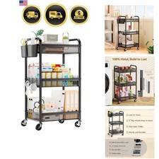 3 Tier Metal Rolling Cart, Black Utility Storage Cart with Wheels