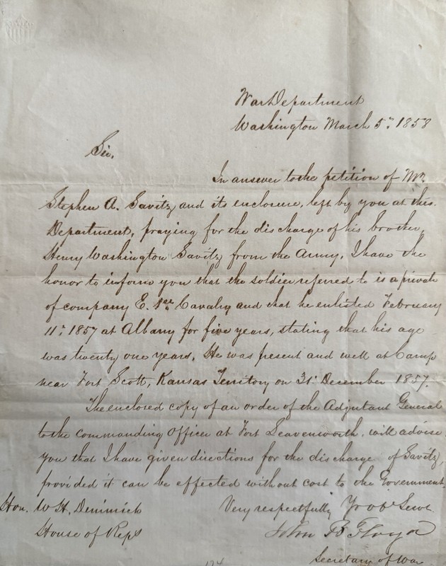 1857 Handwritten Letter Signed By John B Floyd Secretary Of War / WH Demmick