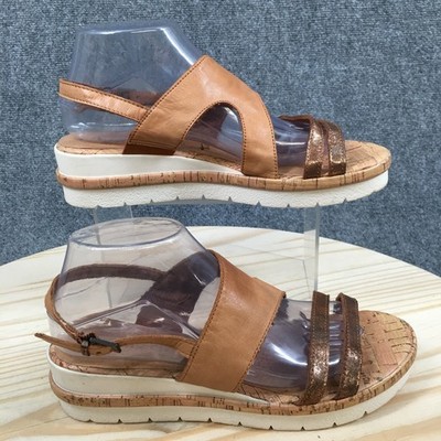 Tamaris Sandals Womens 40 Eda Slingback Wedge Brown Tan Leather Cork Sole Casual