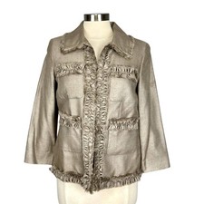 Doncaster Womens Silk Taupe Beige Blazer Jacket Ruffle Trim Hook Front size 6