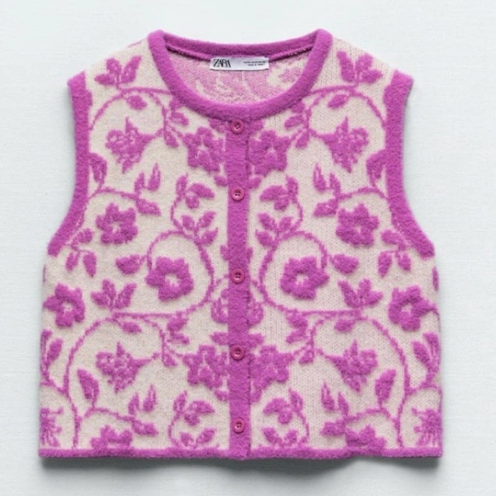 Zara Magenta White Floral Jacquard Knit Vest Bloggers Favorite Size Medium thumbnail 5