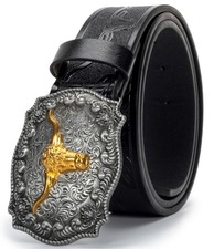 Mealah Men-Women-Western-Cowboy-Belt PU-Leather Floral Engraved-Bull-Buckle-B...