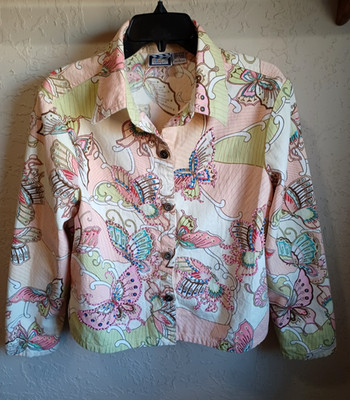 VTG Take Two Wmns L Butterfly Beaded Cotton Boho Jacket Shirt Artsy Button Up
