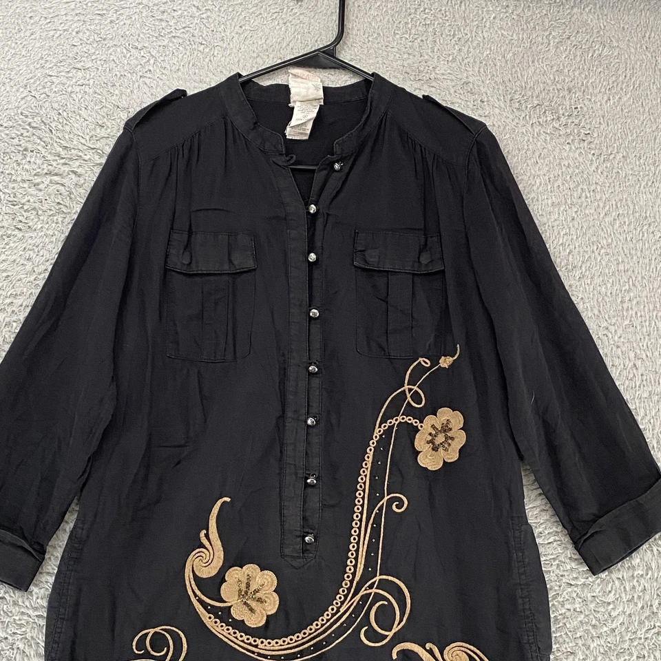 Da-Nang Y2K 连衣裙女式中号黑色刺绣束腰花卉波西米亚棉 90 年代 — 第 2/4 张图片