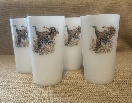 Fire King Mallard Duck Vintage Milk Glass Tumblers, “Game Birds” Set of 4