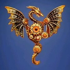 Steampunk Black Dragon Brooch Pin Pendant Gold Tone Enamel Rhinestones Jewelry