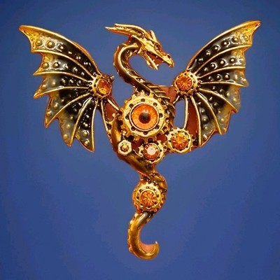 Steampunk Black Dragon Brooch Pin Pendant Gold Tone Enamel Rhinestones Jewelry