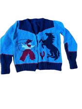 Vintage Handmade Knitted Blue Cowboy Horse Sweater Boys Rodeo Child Size 2 /3