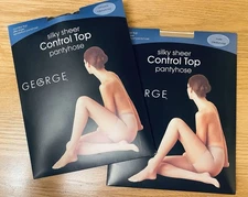 Vintage George Silky Sheer Control Top Pantyhose Nylons 1 Nude & 1 Off Black Med
