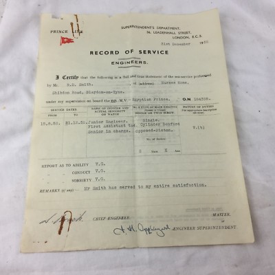 VINTAGE PRINCE LINE RECORD OF SERVICE ENGINEERS CERTIFICATE 1952 EGYPTIAN PRINCE