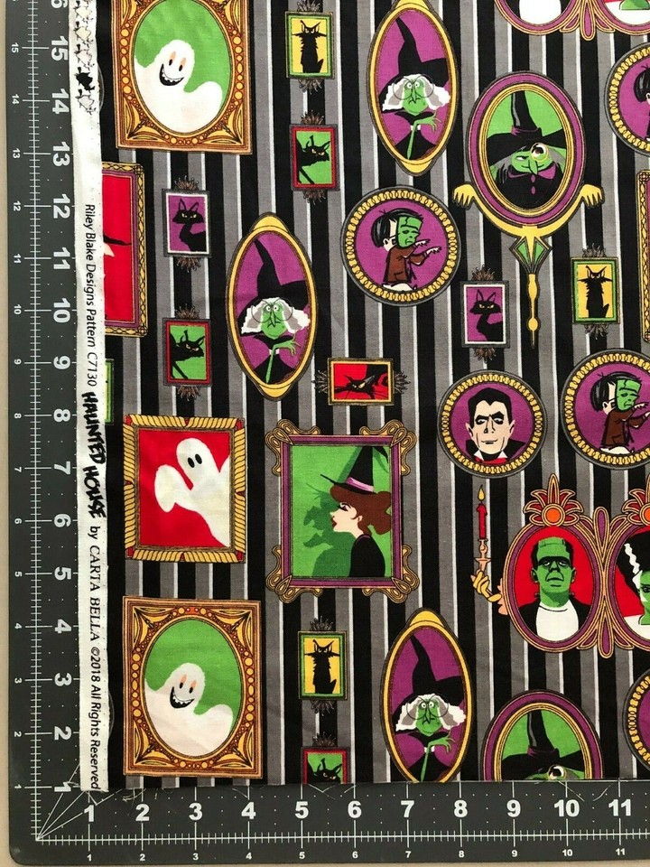 Riley Blake Halloween Haunted House Picture Gallery on Striped Wall