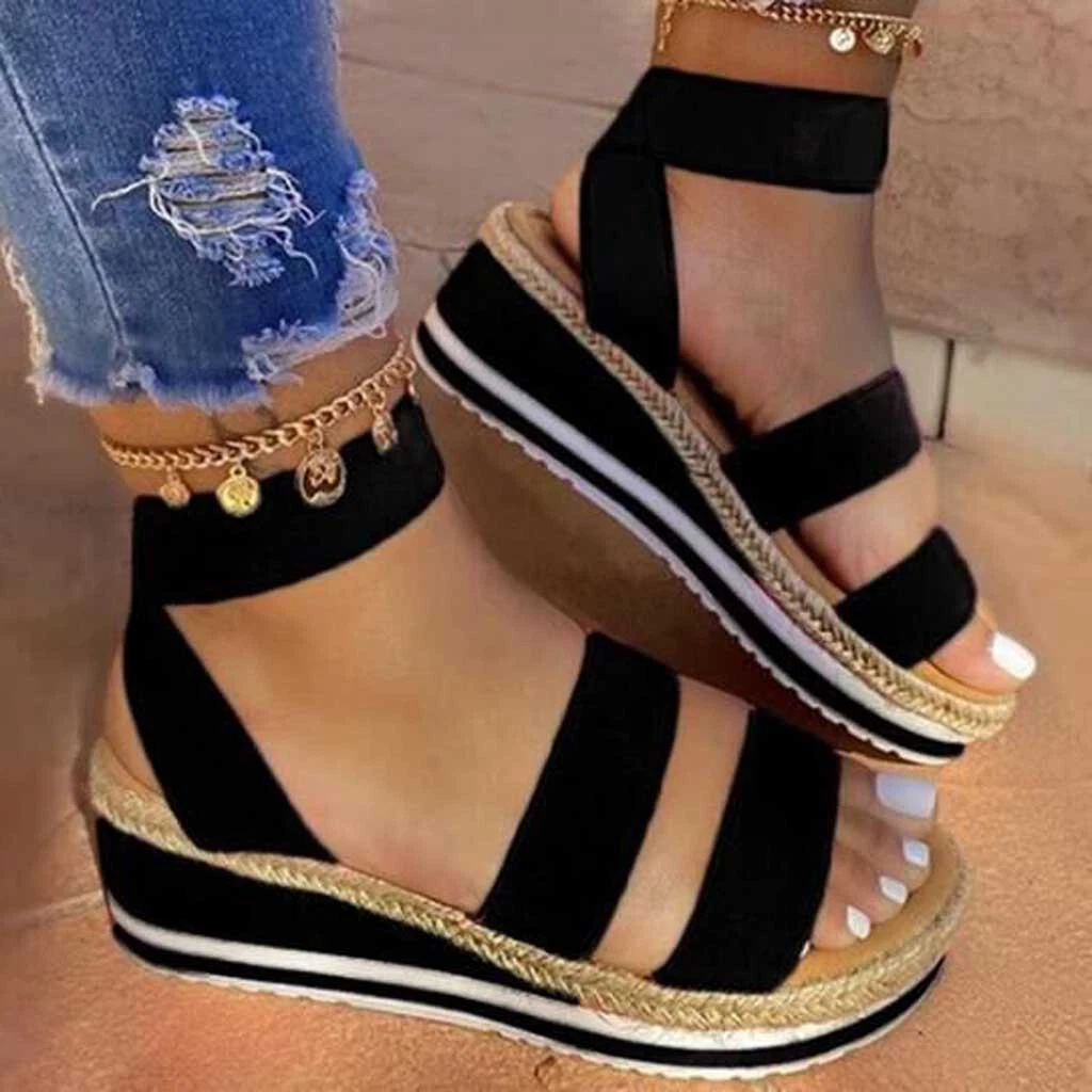 Women Flat Comfortable Elastic Band Ankle Strap Wedge Open Toe Platform Sandals