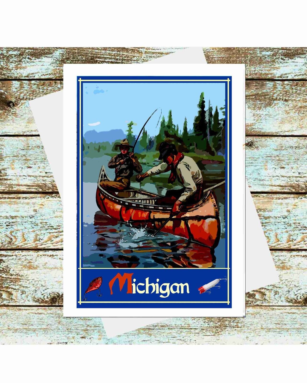 Set Of 6 Travel Poster Greeting Cards Canoe Fishing in Michigan