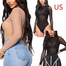 Women's Mesh Bodysuit Long Sleeve Sheer Jumpsuit Leotard Tops Shirts Underwear