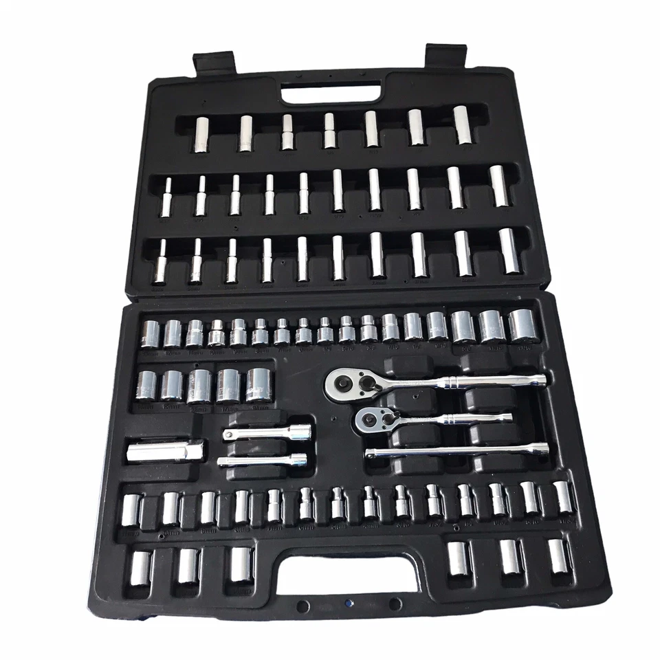 Juego de herramientas mecánicas 75 piezas llave de vaso de trinquete poco profunda SAE métrica Foto 2 de 4