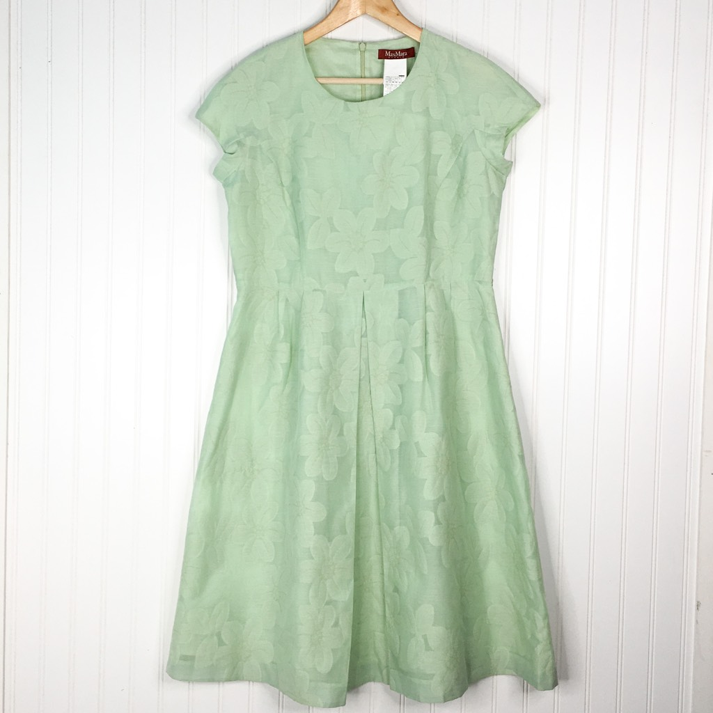 Maxmara Studio Womens A Line Dress Green Lined Jewel Neck Cap