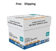 Copy Paper, 8.5" x 11", 92 Bright, 20 lb., 5 Reams (2,500 Sheets) Free Shipping