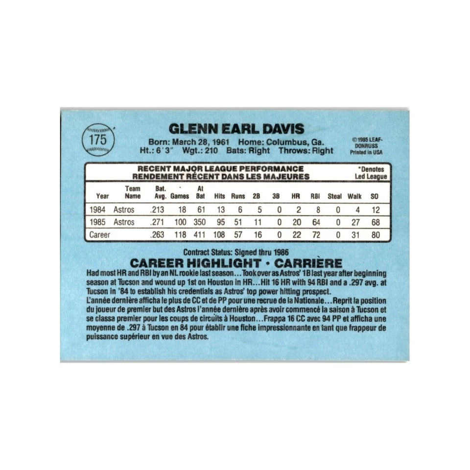 Glenn Davis 1986 Leaf #175 Houston Astros Baseball Card NM - Image 2 of 3