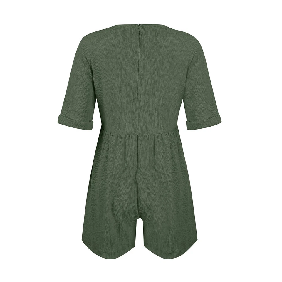 Lässiger Damen-Overall Mit V-Ausschnitt Und Kurzen Ärmeln Sommer-Outfi ▽ - Bild 3 von 4