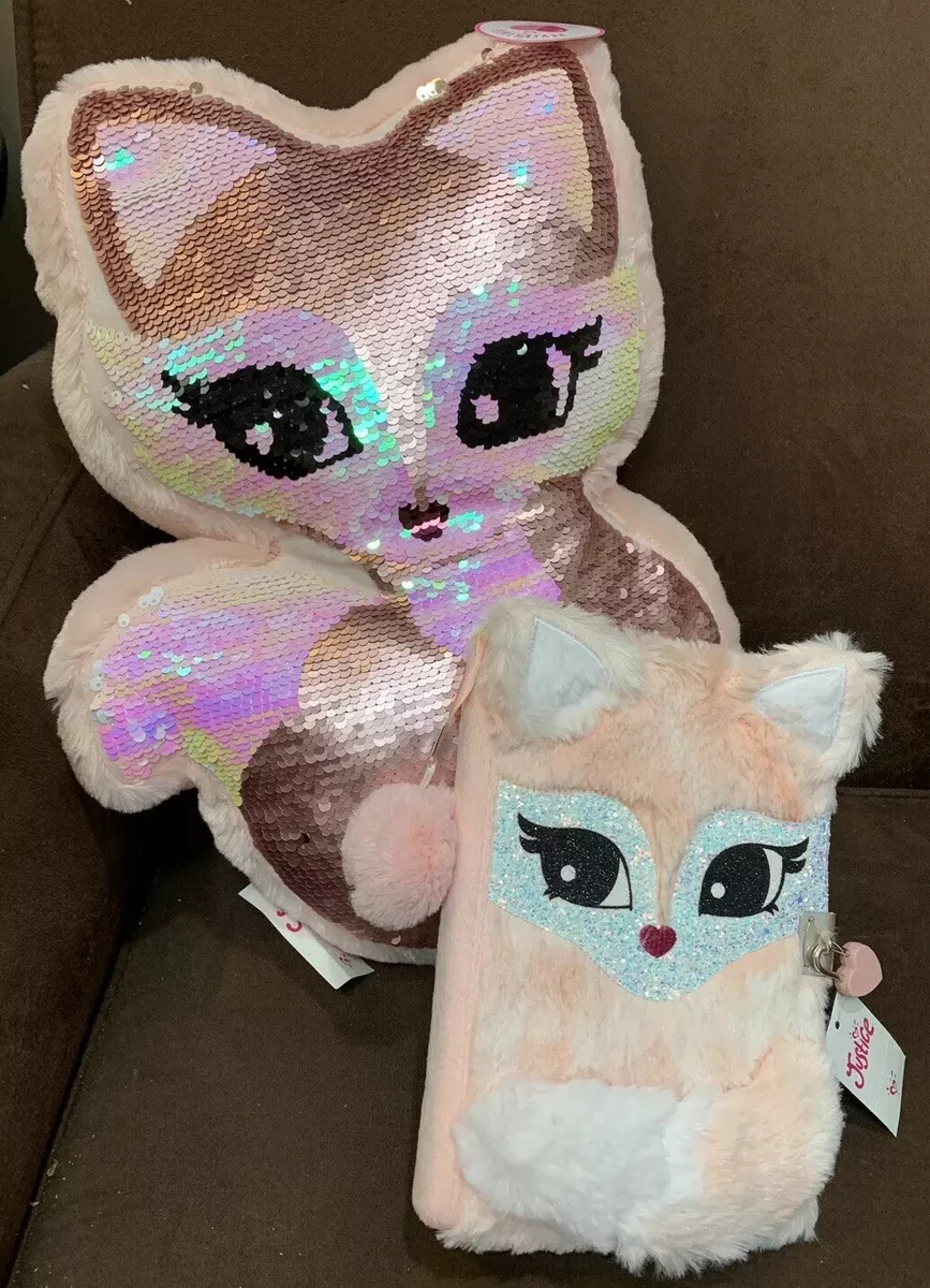 JUSTICE FOX PILLOW DIARY FAUX FUR W LOCK KEY FLIP SEQUINS SUPER CUTE SET