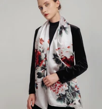 100% Satin Silk Scarf Women neckerchief Shawl Wrap floral  pink red gray CX7-1