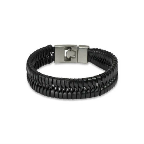 BRACELET LARGE 2CM HOMME 2 RANG VERITABLE CUIR TRESSE ET FERMOIR ACIER 22CM 0039 - Photo 1/1