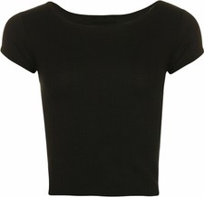 Ladies Round Neck Stretch Plain Blouse Crop Top Womens Short Sleeve T-Shirt Vest