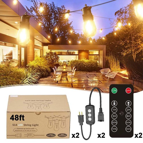 48ft Outdoor LED String Lights Dimmable S14 Bulb Waterproof with Remote 2700K - Picture 15 of 16