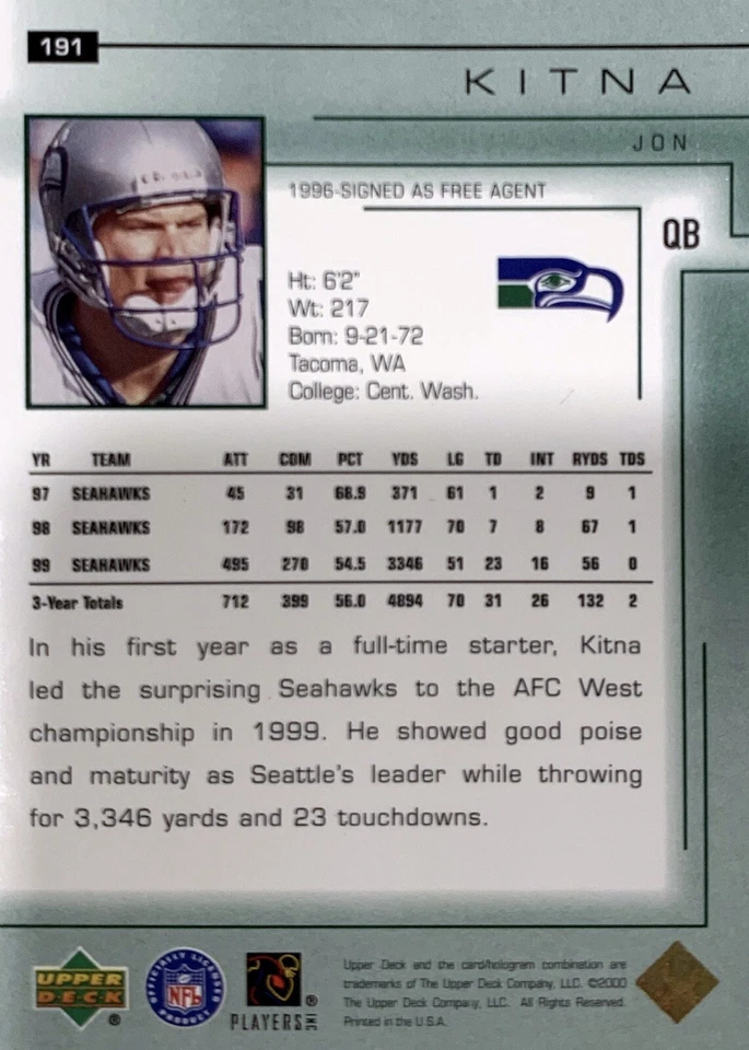 2000 Upper Deck NFL Encore Jon Kitna Seattle Seahawks #191 NMMT - Image 2 of 2