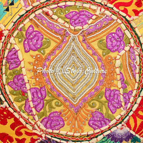 Small Yellow Vintage Patchwork Floor Pillow Cover 18 in Round Cushion Cover - Picture 3 of 5