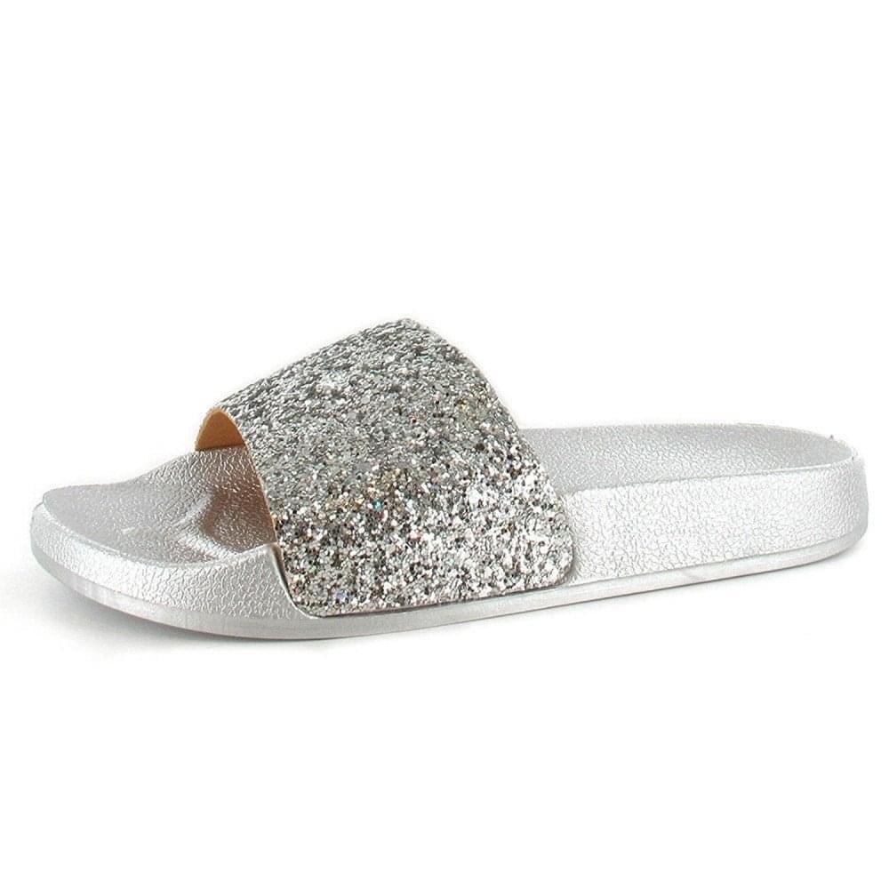 Ladies Girls Flat Glitter Sequin Sliders Sandals Flip Flop Black Gold  Silver New | eBay