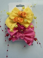 Set of 2 Girls Yellow  Pink Fabric Hair Bows w/ Beaded Flower Party, OS