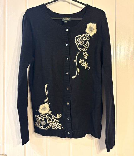 Laura Ashley, Vintage Laura Ashley Strickjacke M schwarz Blumen bestickt Angora Wollmischung