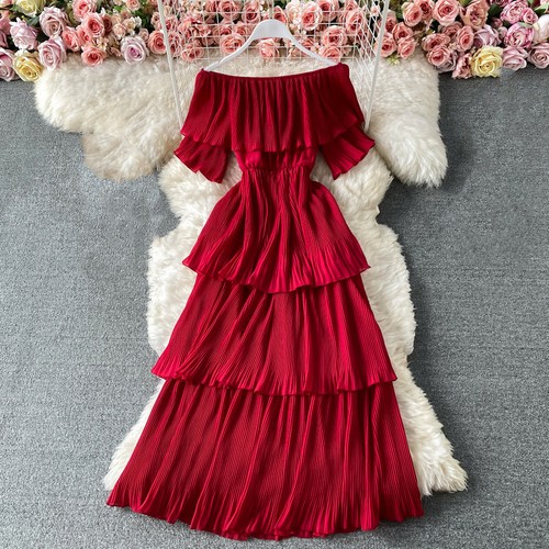 Sommer Damen Schulterfreies Kleid Midi Kurzarm Rüschen Plissee Lagenlook Freizeit - Bild 16 von 22