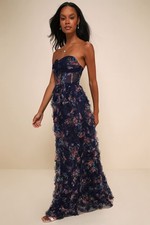 NWT Lulus Navy Floral Mesh Ruffled Strapless Maxi Dress Size XS